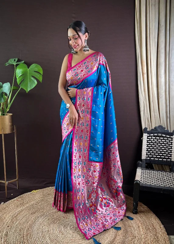 NOZ2TOZ Women Party Wear Zari Weaving Paithani Silk Saree with Unstitched Blouse - Sky Blue Subtle Shimmer Blouse NOZ2TOZ Women Party Wear Zari Weaving Paithani Silk Saree with Unstitched Blouse - Sky Blue Subtle Shimmer Blouse