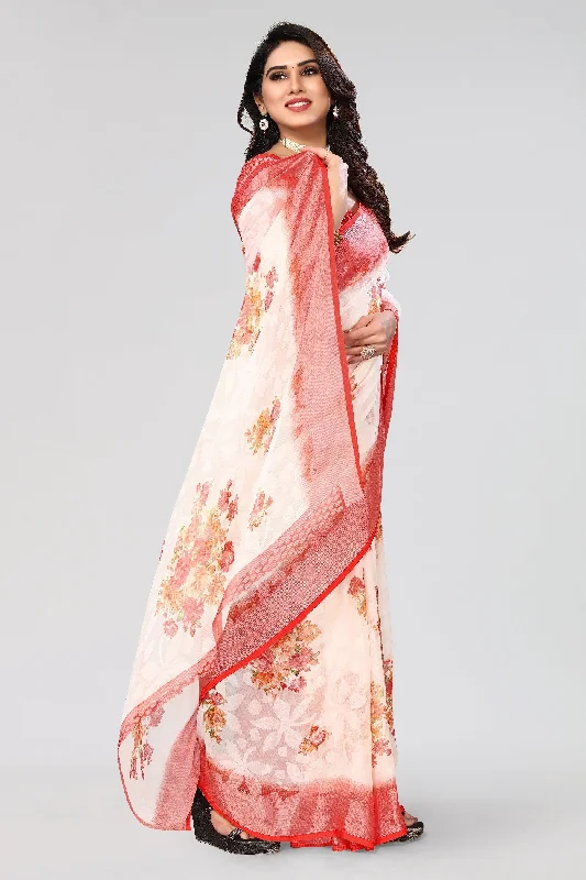 NOZ2TOZ Women Party Wear Printed Brasso Chiffon Saree with Unstitched Blouse - White & Red Puff Sleeve Blouse NOZ2TOZ Women Party Wear Printed Brasso Chiffon Saree with Unstitched Blouse - White & Red Puff Sleeve Blouse