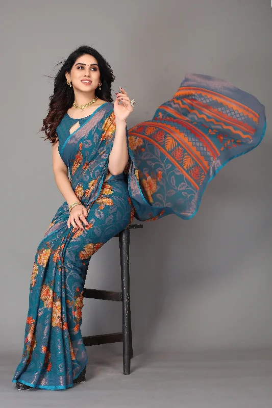 NOZ2TOZ Women Party Wear Printed Brasso Chiffon Saree with Unstitched Blouse - Rama Loose Fit Blouse NOZ2TOZ Women Party Wear Printed Brasso Chiffon Saree with Unstitched Blouse - Rama Loose Fit Blouse
