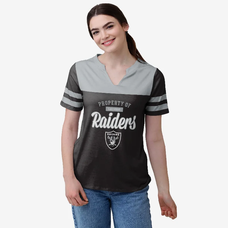 Las Vegas Raiders Womens Team Stripe Property Of V-Neck T-Shirt-- Nylon Fabric Polyester Fabric Spandex Fabric
