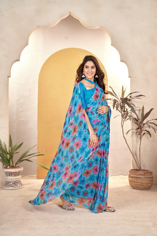 NOZ2TOZ Women Casual Wear Printed Weight Less Saree with Unstitched Blouse - Sky Blue Relaxed Fit Blouse NOZ2TOZ Women Casual Wear Printed Weight Less Saree with Unstitched Blouse - Sky Blue Relaxed Fit Blouse