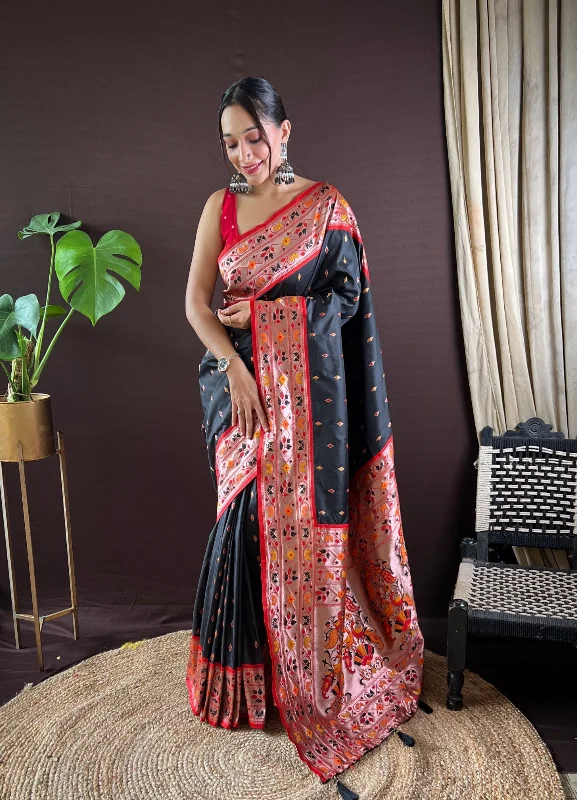 NOZ2TOZ Women Party Wear Zari Weaving Paithani Silk Saree with Unstitched Blouse - Black Double Button Blouse NOZ2TOZ Women Party Wear Zari Weaving Paithani Silk Saree with Unstitched Blouse - Black Double Button Blouse