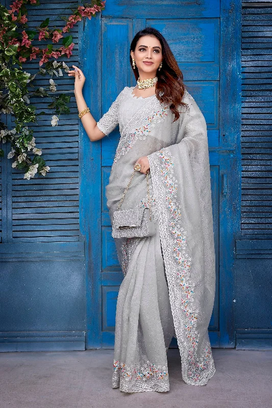NOZ2TOZ Women Party Wear Jimi Chu Silk Saree with Unstitched Blouse - Grey Airy Cotton Blouse NOZ2TOZ Women Party Wear Jimi Chu Silk Saree with Unstitched Blouse - Grey Airy Cotton Blouse