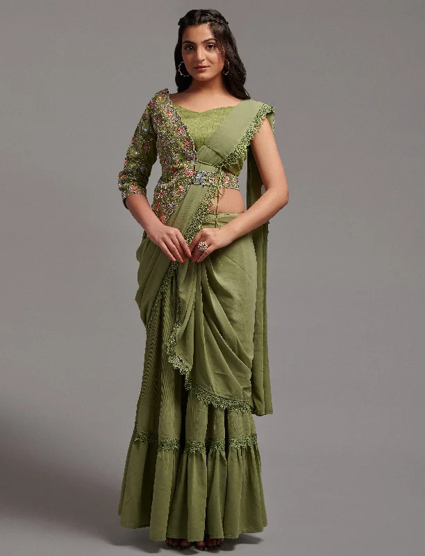 NOZ2TOZ Women Wedding Wear Ready to Wear Georgette Saree with Stitched Blouse(Free Size-Up to 42) - Pista Asymmetric Hem Blouse NOZ2TOZ Women Wedding Wear Ready to Wear Georgette Saree with Stitched Blouse(Free Size-Up to 42) - Pista Asymmetric Hem Blouse