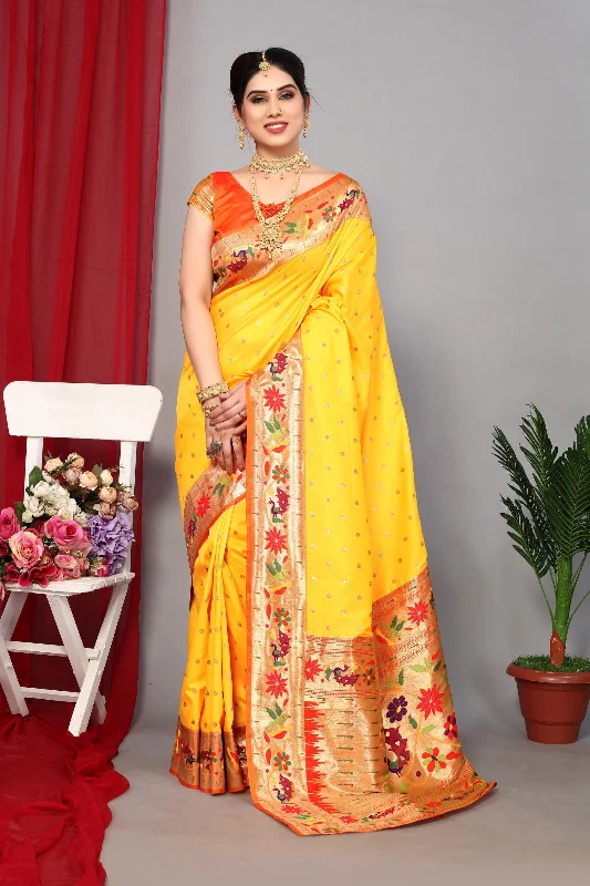 NOZ2TOZ Women Wedding Wear Zari Weaving Paithani Silk Saree with Unstitched Blouse - Yellow Casual Relaxed Blouse NOZ2TOZ Women Wedding Wear Zari Weaving Paithani Silk Saree with Unstitched Blouse - Yellow Casual Relaxed Blouse