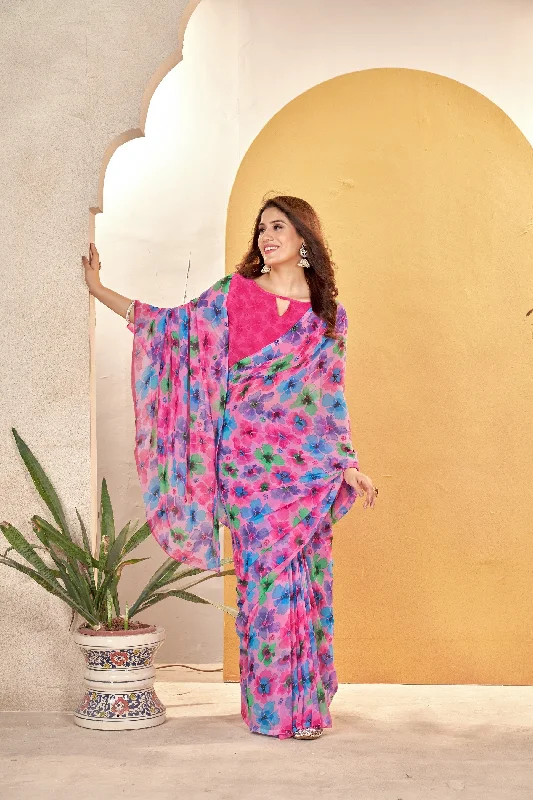 NOZ2TOZ Women Casual Wear Printed Weight Less Saree with Unstitched Blouse - Pink Loose Fit Blouse NOZ2TOZ Women Casual Wear Printed Weight Less Saree with Unstitched Blouse - Pink Loose Fit Blouse