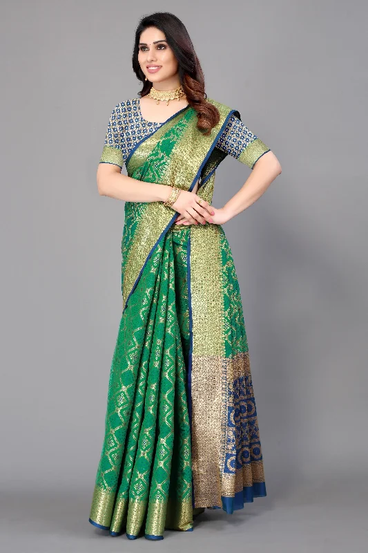 NOZ2TOZ Women Party Wear Leheriya Style Banarasi Silk Saree with Unstitched Blouse - Green Delicate Pleat Blouse