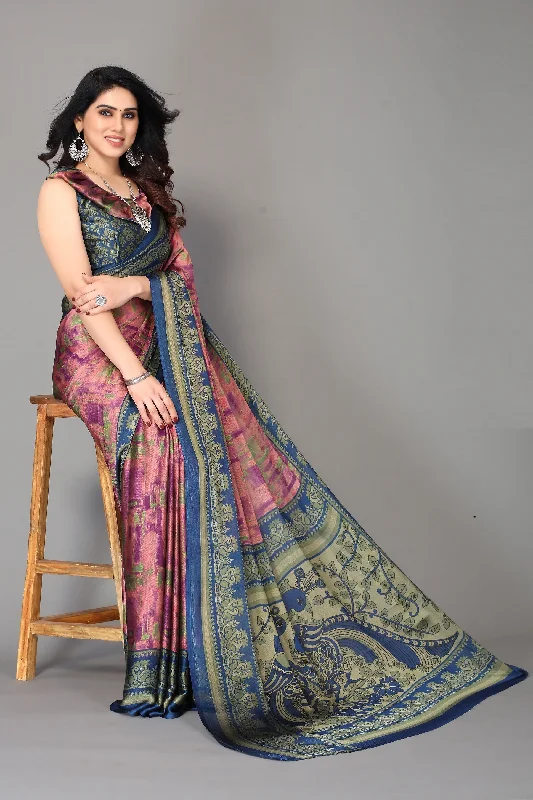 NOZ2TOZ Women Party Wear Printed Chiffon Silk Saree with Unstitched Blouse - Blue & Pink Silky Draped Blouse NOZ2TOZ Women Party Wear Printed Chiffon Silk Saree with Unstitched Blouse - Blue & Pink Silky Draped Blouse