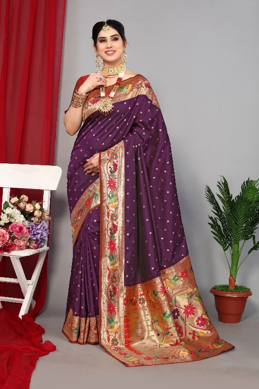 NOZ2TOZ Women Wedding Wear Zari Weaving Paithani Silk Saree with Unstitched Blouse - Purple Soft Modal Blouse NOZ2TOZ Women Wedding Wear Zari Weaving Paithani Silk Saree with Unstitched Blouse - Purple Soft Modal Blouse