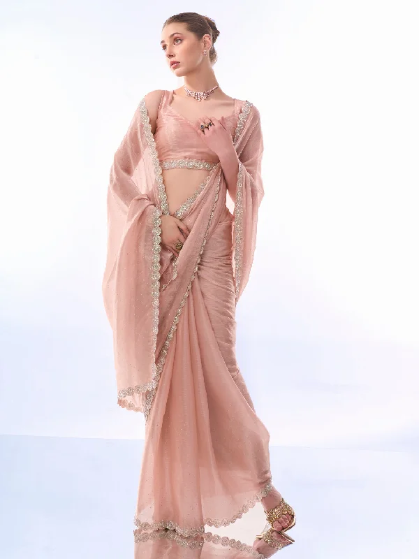 NOZ2TOZ Women Party Wear Printed Premium Organza Saree with Unstitched Blouse - Peach Feminine Satin Blouse NOZ2TOZ Women Party Wear Printed Premium Organza Saree with Unstitched Blouse - Peach Feminine Satin Blouse