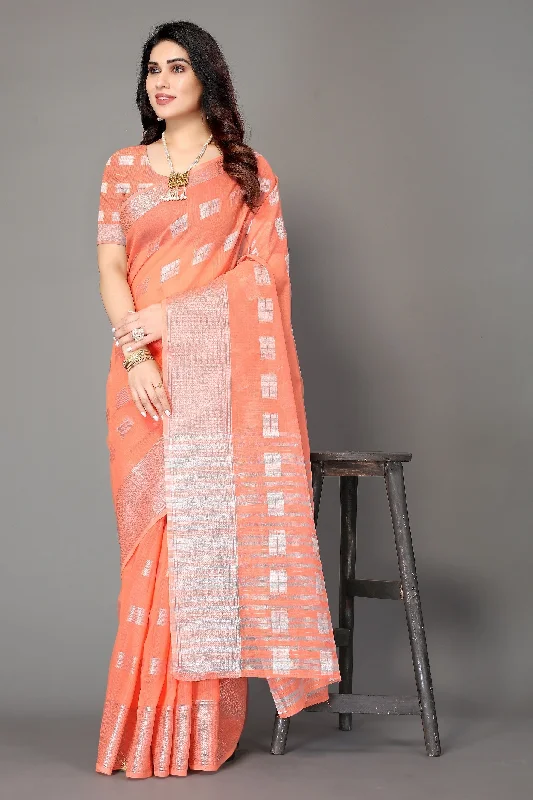 NOZ2TOZ Women Party Wear Banarasi Silk Saree with Unstitched Blouse - Peach Sheer Sleeve Blouse NOZ2TOZ Women Party Wear Banarasi Silk Saree with Unstitched Blouse - Peach Sheer Sleeve Blouse