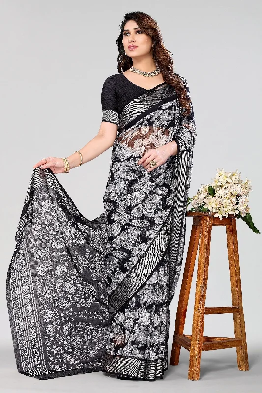 NOZ2TOZ Women Party Wear Printed Chiffon Silk Saree with Unstitched Blouse - Black Classic White Blouse NOZ2TOZ Women Party Wear Printed Chiffon Silk Saree with Unstitched Blouse - Black Classic White Blouse