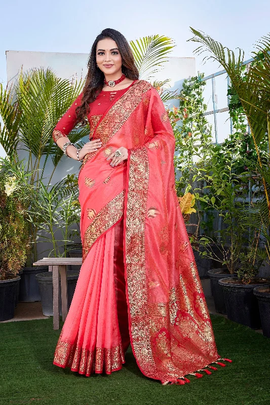 NOZ2TOZ Women Party Wear Pure Zari Silk Saree with Unstitched Blouse - Pink Stylish Wrap Blouse NOZ2TOZ Women Party Wear Pure Zari Silk Saree with Unstitched Blouse - Pink Stylish Wrap Blouse