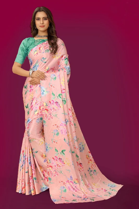 Jyoti Fashion Women's Multicolor Pure Japan Satin Digital Printed Designer Saree with Blouse Short Sleeve Blouse