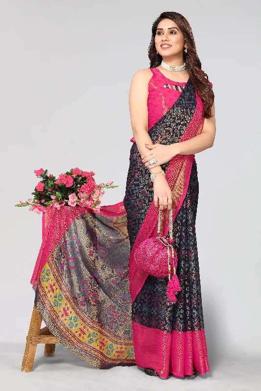 NOZ2TOZ Women Party Wear Printed Brasso Chiffon Saree with Unstitched Blouse - Navy Blue Soft Pastel Blouse NOZ2TOZ Women Party Wear Printed Brasso Chiffon Saree with Unstitched Blouse - Navy Blue Soft Pastel Blouse