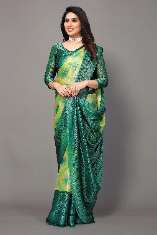 NOZ2TOZ Women Party Wear Printed Brasso Chiffon Saree with Unstitched Blouse - Green Slim Fit Blouse NOZ2TOZ Women Party Wear Printed Brasso Chiffon Saree with Unstitched Blouse - Green Slim Fit Blouse