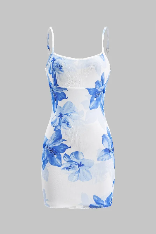 Floral Print Mesh Slip Mini Dress Comfortable Zip-Up Mini Dress