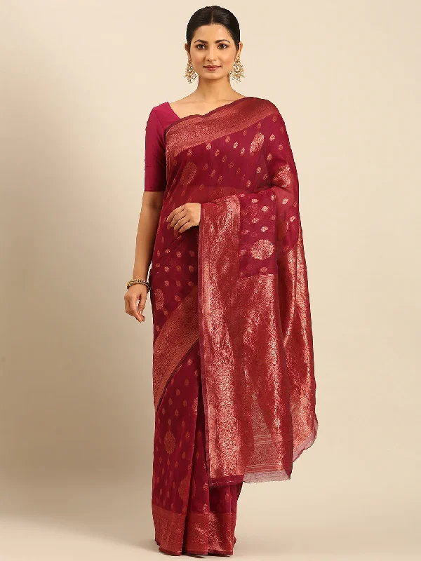 Women Magenta Cotton Saree With Un Stitched Blouse - Aanika Pleated Collar Blouse