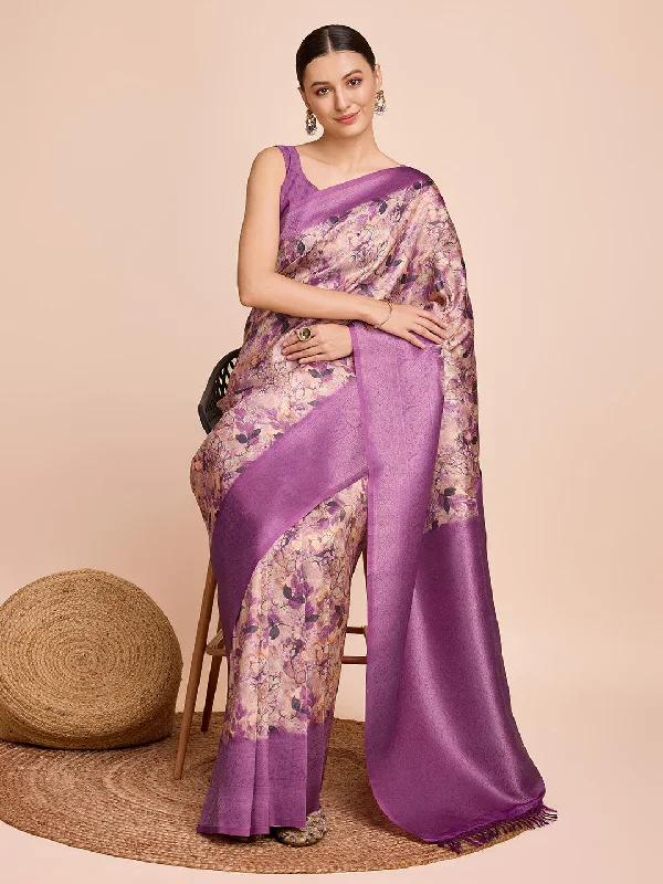 NOZ2TOZ Women Party Wear Semi Kanjivaram Silk Ready to Wear Saree with Unstitched Blouse(Size Up to 42) - Purple Chic Ruffle Blouse NOZ2TOZ Women Party Wear Semi Kanjivaram Silk Ready to Wear Saree with Unstitched Blouse(Size Up to 42) - Purple Chic Ruffle Blouse