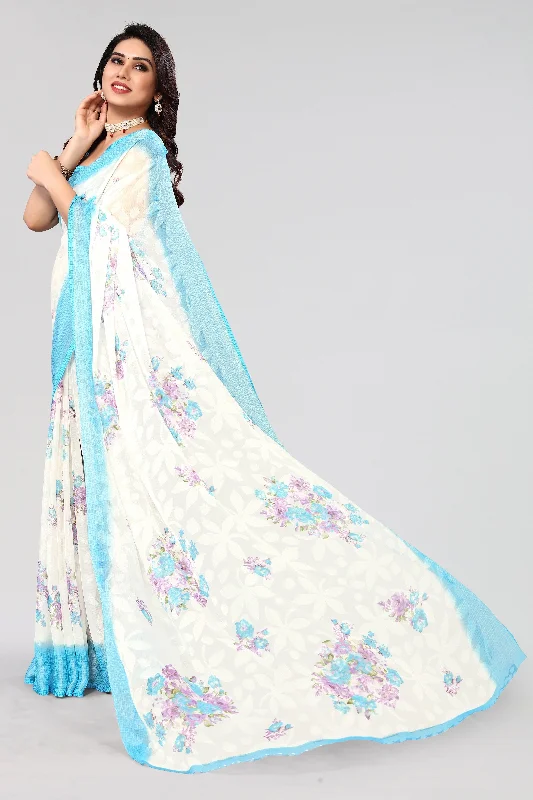 NOZ2TOZ Women Party Wear Printed Brasso Chiffon Saree with Unstitched Blouse - White & Firozi Pastel Color Blouse NOZ2TOZ Women Party Wear Printed Brasso Chiffon Saree with Unstitched Blouse - White & Firozi Pastel Color Blouse