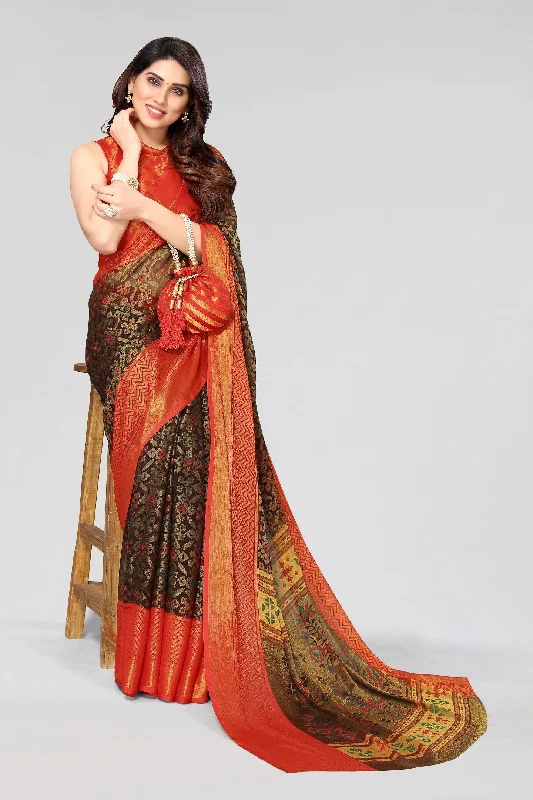 NOZ2TOZ Women Party Wear Printed Brasso Chiffon Saree with Unstitched Blouse - Black Silky Tunic Blouse NOZ2TOZ Women Party Wear Printed Brasso Chiffon Saree with Unstitched Blouse - Black Silky Tunic Blouse