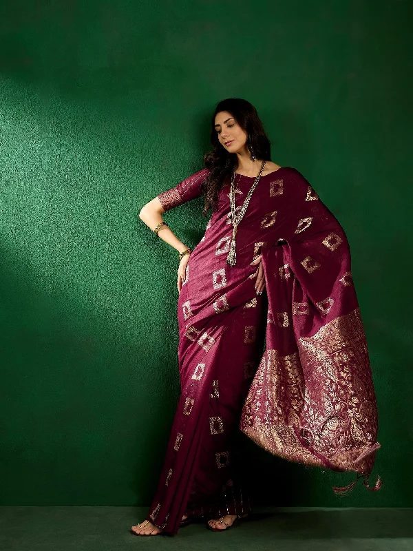 NOZ2TOZ Women Party Wear Cotton Saree with Unstitched Blouse - Wine Textured Cotton Blouse NOZ2TOZ Women Party Wear Cotton Saree with Unstitched Blouse - Wine Textured Cotton Blouse