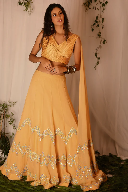 Corded Blouse with attached Dupatta and Hand-embroidered Lehenga Peter Pan Blouse