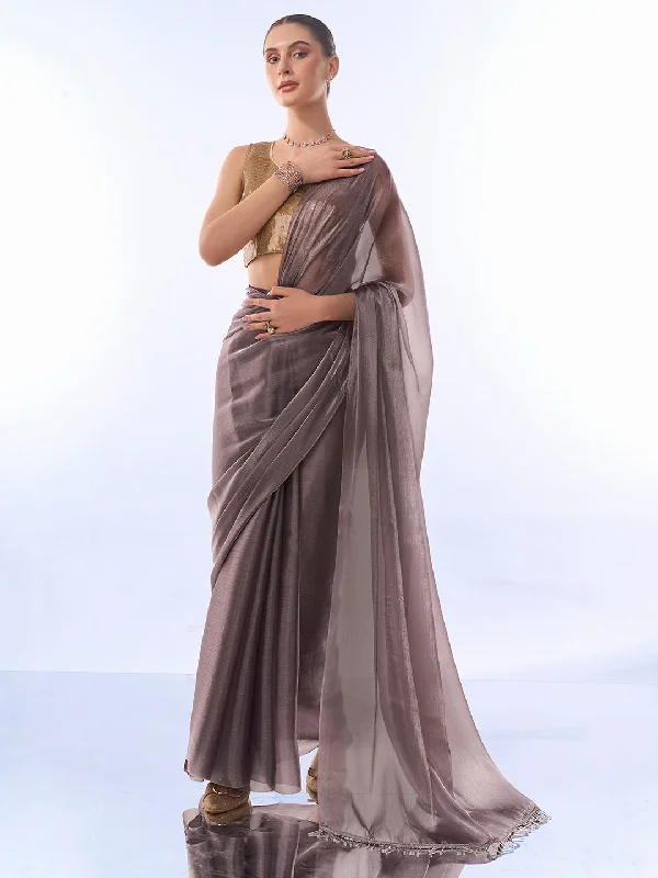 NOZ2TOZ Women Party Wear Printed Premium Organza Saree with Unstitched Blouse - Metallic Silver Floral Chiffon Blouse NOZ2TOZ Women Party Wear Printed Premium Organza Saree with Unstitched Blouse - Metallic Silver Floral Chiffon Blouse