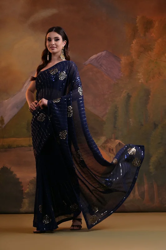 NOZ2TOZ Women Party Wear Sequence Embroidery Worked Georgette Saree with Unstitched Blouse - Blue Asymmetric Hem Blouse NOZ2TOZ Women Party Wear Sequence Embroidery Worked Georgette Saree with Unstitched Blouse - Blue Asymmetric Hem Blouse