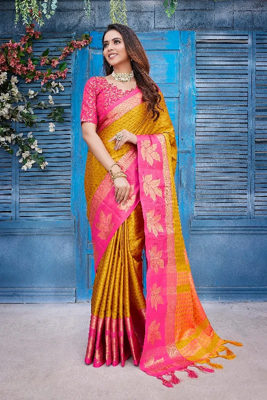 NOZ2TOZ Women Party Wear Aura Silk Saree with Unstitched Blouse - Mustard Vintage Lace Blouse NOZ2TOZ Women Party Wear Aura Silk Saree with Unstitched Blouse - Mustard Vintage Lace Blouse