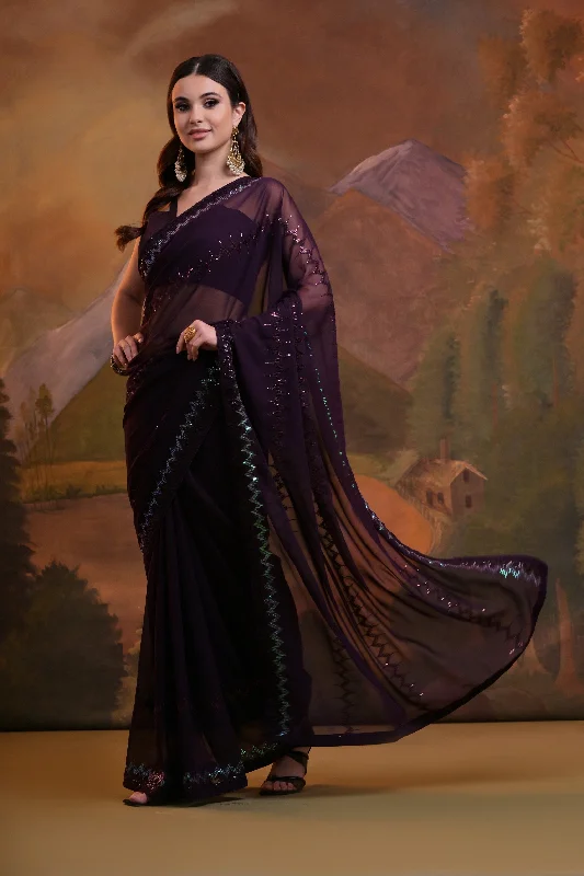 NOZ2TOZ Women Party Wear Sequence Embroidery Worked Georgette Saree with Unstitched Blouse - Purple Asymmetric Hem Blouse NOZ2TOZ Women Party Wear Sequence Embroidery Worked Georgette Saree with Unstitched Blouse - Purple Asymmetric Hem Blouse