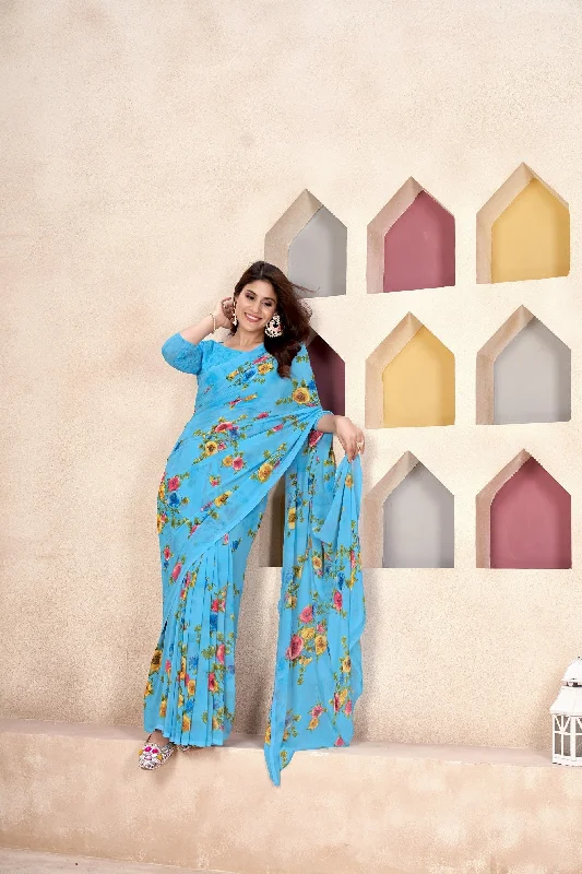NOZ2TOZ Women Casual Wear Printed Weight Less Saree with Unstitched Blouse - Sky Blue Chic Wrap Blouse NOZ2TOZ Women Casual Wear Printed Weight Less Saree with Unstitched Blouse - Sky Blue Chic Wrap Blouse