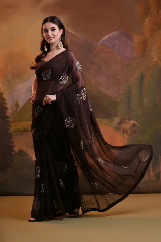 NOZ2TOZ Women Party Wear Sequence Worked Georgette Saree with Unstitched Blouse - Coffee Collared Satin Blouse NOZ2TOZ Women Party Wear Sequence Worked Georgette Saree with Unstitched Blouse - Coffee Collared Satin Blouse