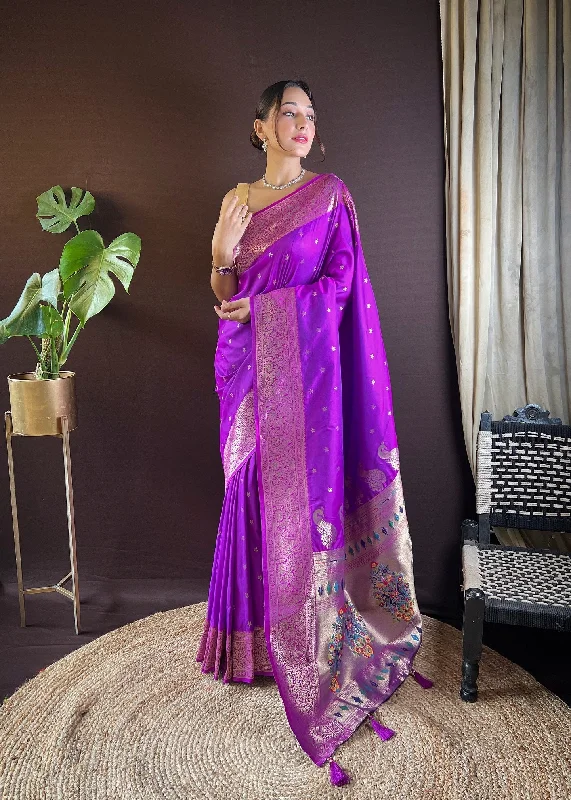 NOZ2TOZ Women Party Wear Zari Weaving Paithani Silk Saree with Unstitched Blouse - Purple Feminine Satin Blouse NOZ2TOZ Women Party Wear Zari Weaving Paithani Silk Saree with Unstitched Blouse - Purple Feminine Satin Blouse
