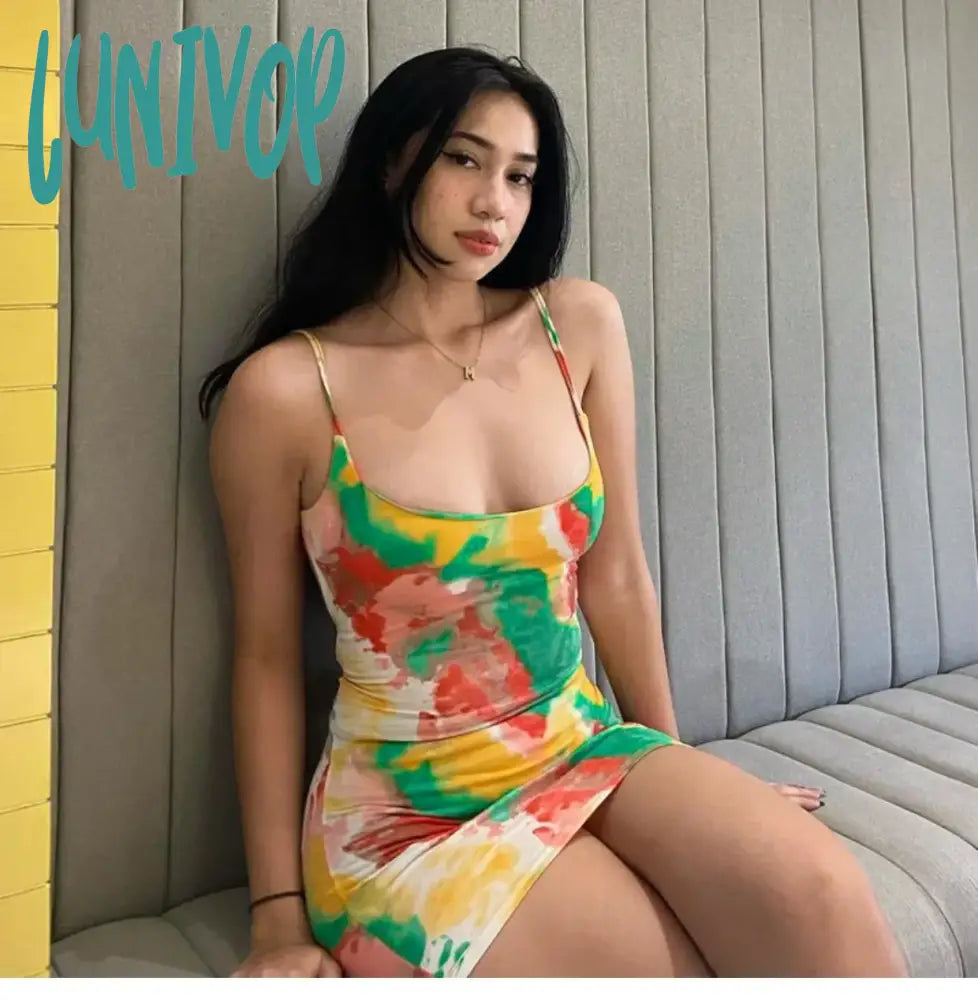 Lunivop Sexy Colourful Graffiti Mini Dress For Women Halter Backless Summer Beach Floral Tie Dye Lace Up Vacation Beach Sundress Trendy Mesh Mini Dress