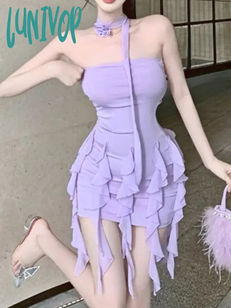 Lunivop Summer Purple Sexy Elegant Dress Women Backless Korean Style party mini Dress Female Ruffle Flounce Designer Vintage Dress Stylish Short Sleeve Mini Dress Lunivop Summer Purple Sexy Elegant Dress Women Backless Korean Style party mini Dress Female Ruffle Flounce Designer Vintage Dress Stylish Short Sleeve Mini Dress