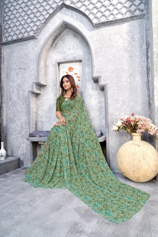 NOZ2TOZ Women Casual Wear Printed Weight Less Saree with Unstitched Blouse - Green Soft Modal Blouse NOZ2TOZ Women Casual Wear Printed Weight Less Saree with Unstitched Blouse - Green Soft Modal Blouse