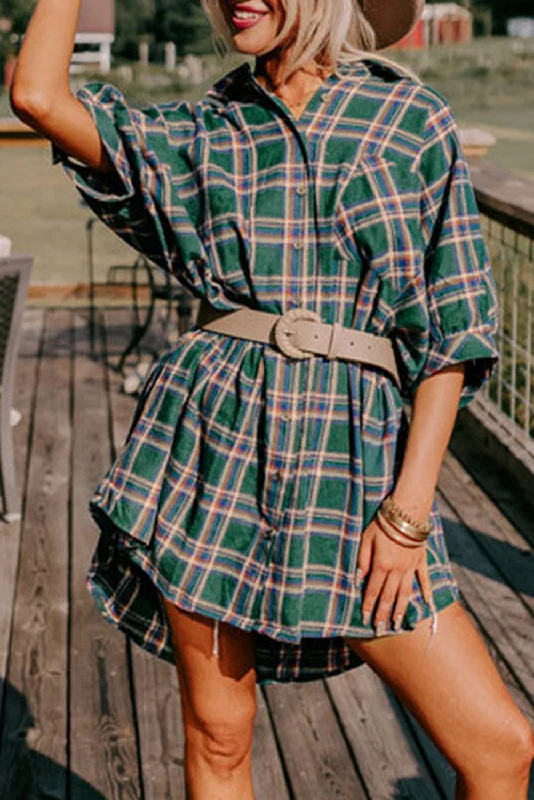 Green Oversized Plaid Half Sleeve Tunic Shirt-- Print Jacquard Patchwork