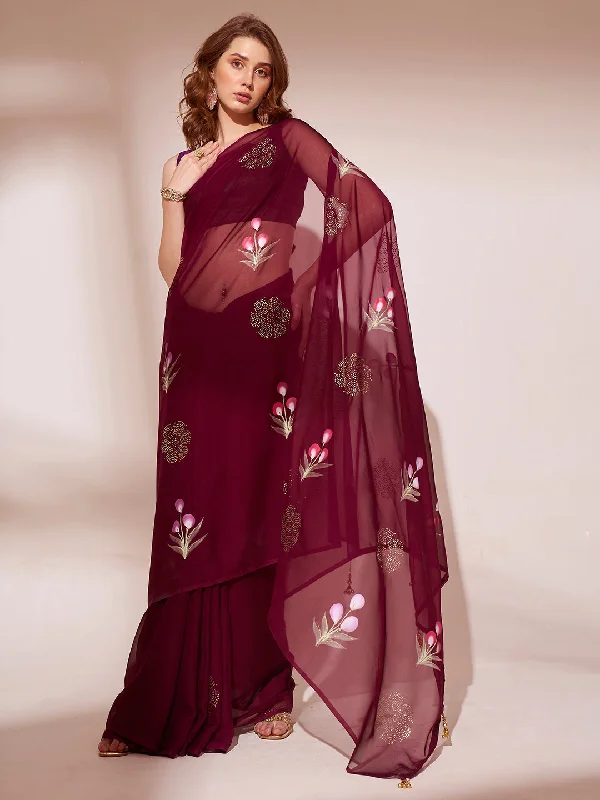 NOZ2TOZ Women Party Wear Organza Saree with Unstitched Blouse - Maroon Playful Puff Blouse NOZ2TOZ Women Party Wear Organza Saree with Unstitched Blouse - Maroon Playful Puff Blouse