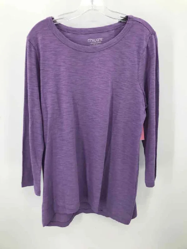 Pre-Owned Chico's Purple Size Large 3/4 Sleeve T-shirt-- Collared T-Shirt Boat Neck A-Line Pre-Owned Chico's Purple Size Large 3/4 Sleeve T-shirt-- Collared T-Shirt Boat Neck A-Line