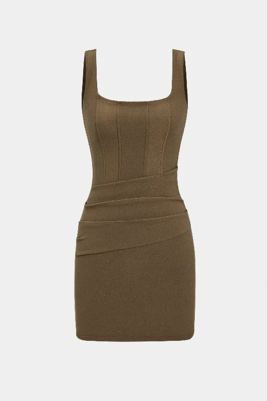 Ruched Zipper Square Neck Mini Dress Elegant Satin Mini Dress