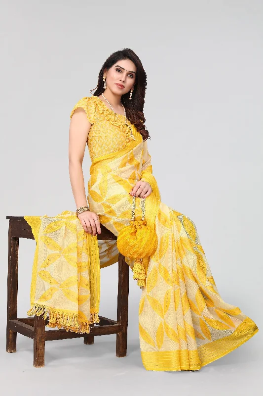 NOZ2TOZ Women Party Wear Printed Brasso Chiffon Saree with Unstitched Blouse - Yellow & White Backless Summer Blouse NOZ2TOZ Women Party Wear Printed Brasso Chiffon Saree with Unstitched Blouse - Yellow & White Backless Summer Blouse