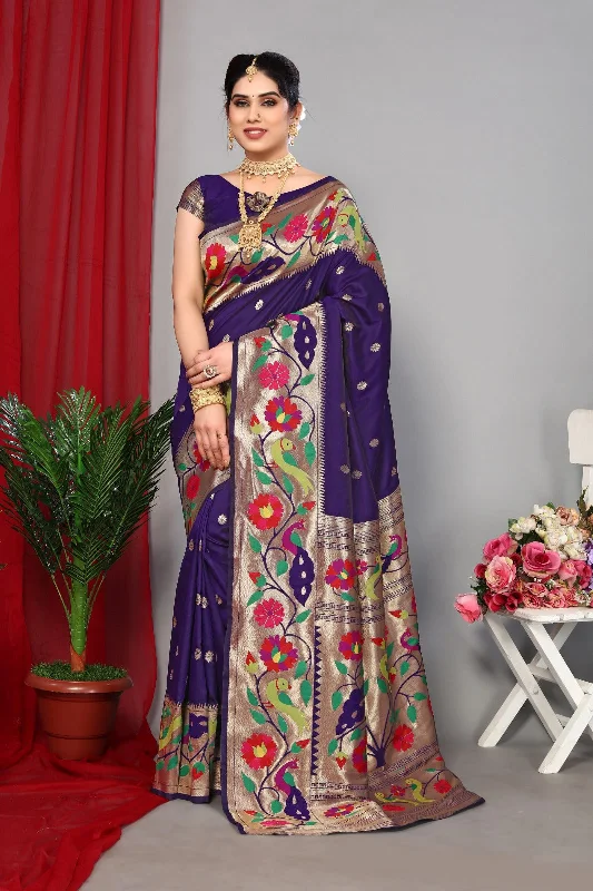 NOZ2TOZ Women Wedding Wear Zari Weaving Paithani Silk Saree with Unstitched Blouse - Blue Romantic Lace Blouse NOZ2TOZ Women Wedding Wear Zari Weaving Paithani Silk Saree with Unstitched Blouse - Blue Romantic Lace Blouse
