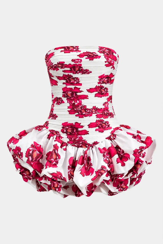 Floral Pattern Ruched Zipper Strapless Mini Dress Fashionable Boho-Chic Mini Dress