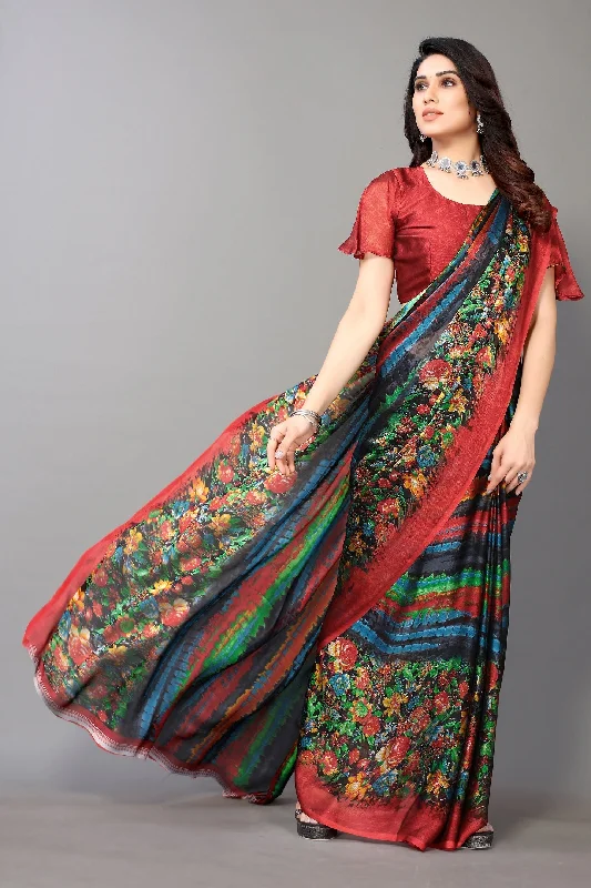 NOZ2TOZ Women Party Wear Printed Chiffon Silk Saree with Unstitched Blouse - Black & Red Lightweight Floral Blouse NOZ2TOZ Women Party Wear Printed Chiffon Silk Saree with Unstitched Blouse - Black & Red Lightweight Floral Blouse