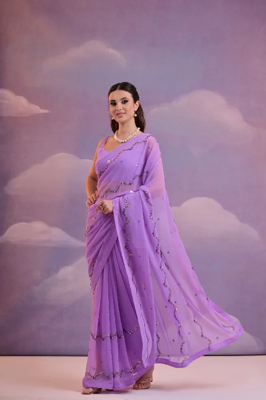 NOZ2TOZ Women Party Wear Sequence Embroidery Worked Georgette Saree with Unstitched Blouse - Purple Balloon Sleeve Blouse NOZ2TOZ Women Party Wear Sequence Embroidery Worked Georgette Saree with Unstitched Blouse - Purple Balloon Sleeve Blouse