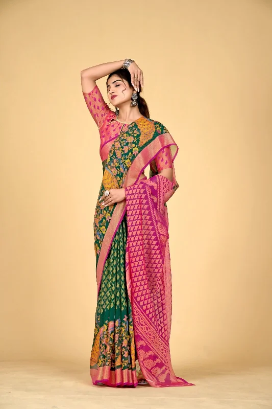 NOZ2TOZ Women Casual Wear Printed Brasso Silk Saree with Unstitched Blouse - Green Lightweight Tunic Blouse NOZ2TOZ Women Casual Wear Printed Brasso Silk Saree with Unstitched Blouse - Green Lightweight Tunic Blouse