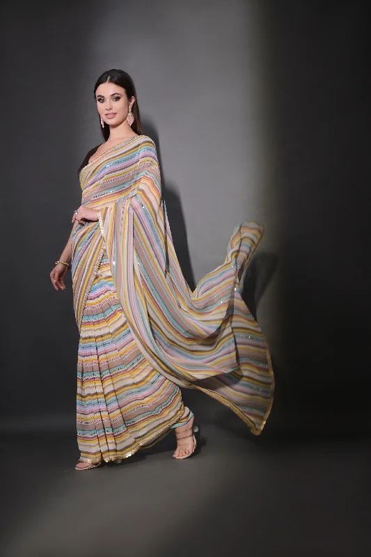 NOZ2TOZ Women Party Wear Leheriya Print Georgette Saree with Unstitched Blouse - Coffee Backless Summer Blouse