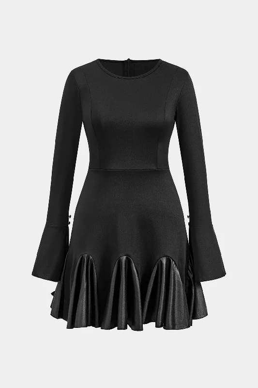 Faux Leather Patchwork Round Neck Long Sleeve Mini Dress Cozy A-Line Mini Dress