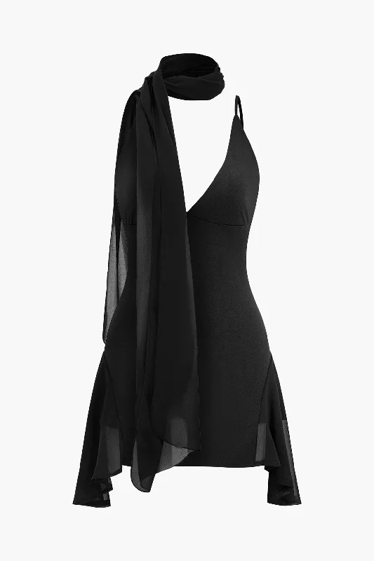 Chiffon Ruched Slip Mini Dress With Neck Scarf Elegant Velvet Mini Dress